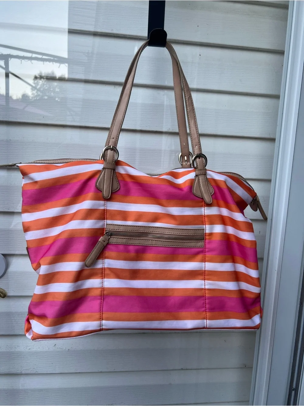 Banana Republic Pink, Orange & White Striped Tote with Neutral Handles